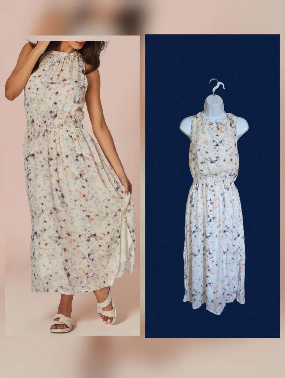 Black Tape Sleeveless Smocked Maxi Dress Sz M White Floral Fairycore Whimsical